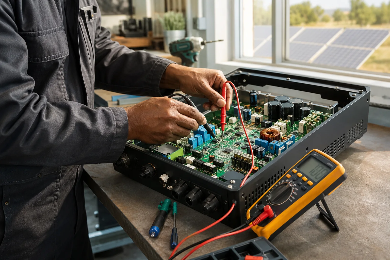Technician diagnosing an inverter circuit board with a multimeter